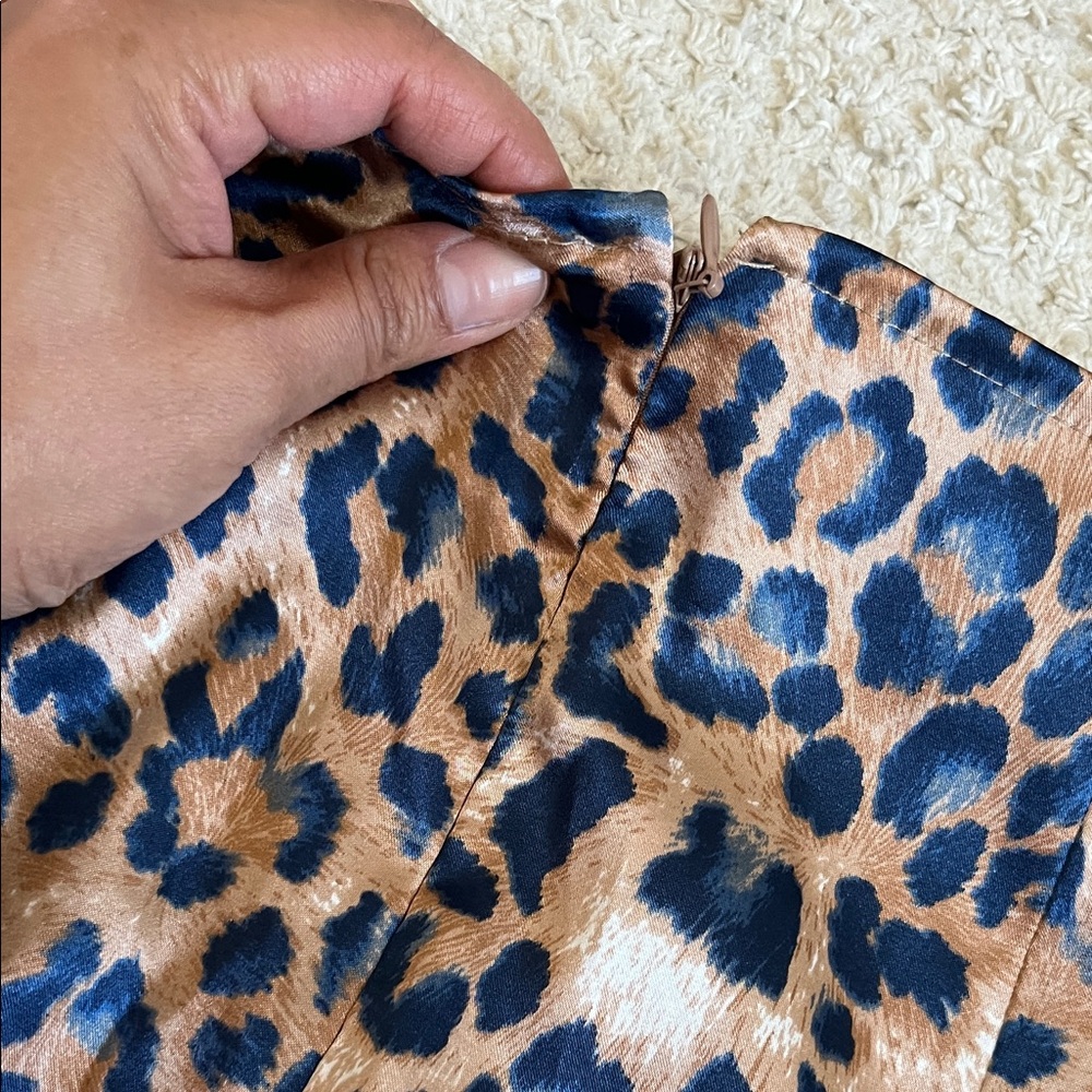 Lulu's Satin Tan and Navy Blue Leopard Print Midi A-line Skirt - Picture 9 of 9